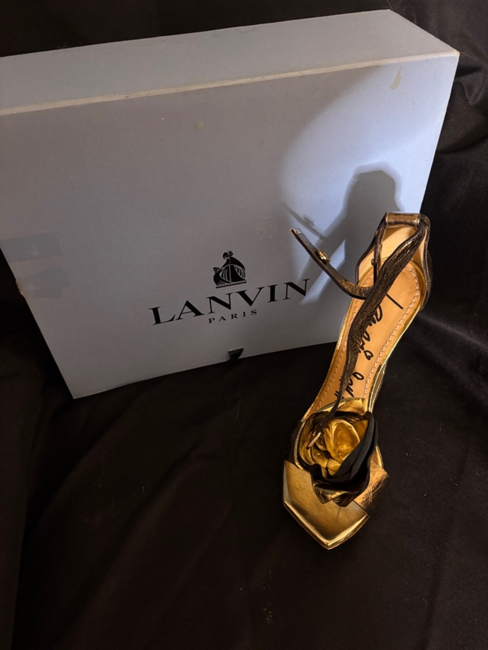 Lanvin Metallic Gold Peep-Toe Heel with Black Floral Accent